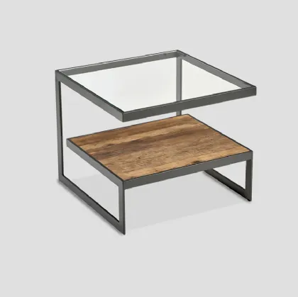 Tavolino Iride con struttura in metallo finitura Grafite, top in Cristallo e ripiano in legno massello di Conifera finitura Old Pine di Dialma Brown