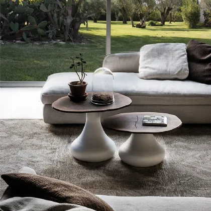 Tavolino in alluminio verniciato con piano in MDF impiallacciato con sezione di tronco d'albero di Noce Rio di Cattelan Italia