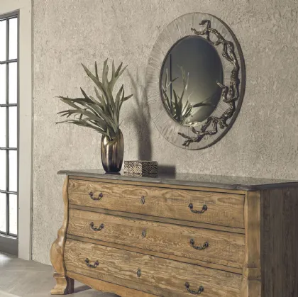 Specchio rotondo con cornice in legno Old Pine finitura Forest con fusione in Bronzo Armonia di Dialma Brown