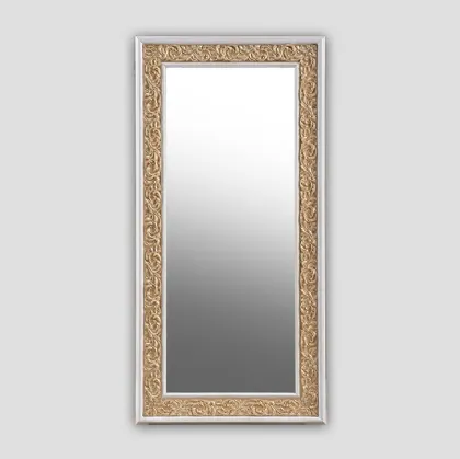 Specchio rettangolare intagliato Giunone in agglomerato, finitura White Vintage con inserto decorato, lavorato a mano di Dialma Brown