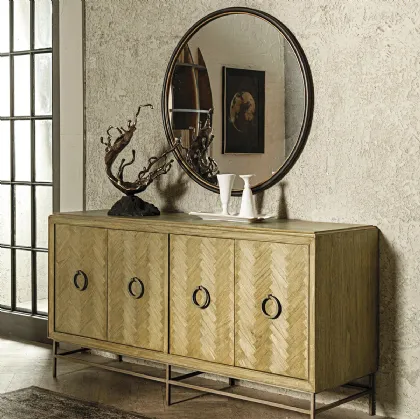 Specchio tondo Selene con cornice in metallo finitura brunita con profilo color Antique Gold di Dialma Brown