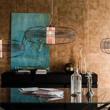 Lampada a sospensione in acciaio con paralume in vetro e rete di rame Galaxy di Cattelan Italia