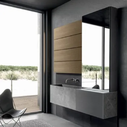 Mobile da Bagno sospeso Blade 02 in gres stone Grey, vetro satinato e boiserie in Noce di Modulnova bagni