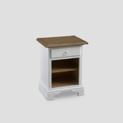 Comodino Auriga realizzato in legno laccato Bianco vissuto con vano e top in legno naturale di Dialma Brown