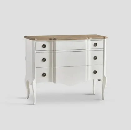Comò sagomato Mathias realizzato in legno laccato Bianco vissuto con top in legno massello di Rovere naturale di Dialma Brown