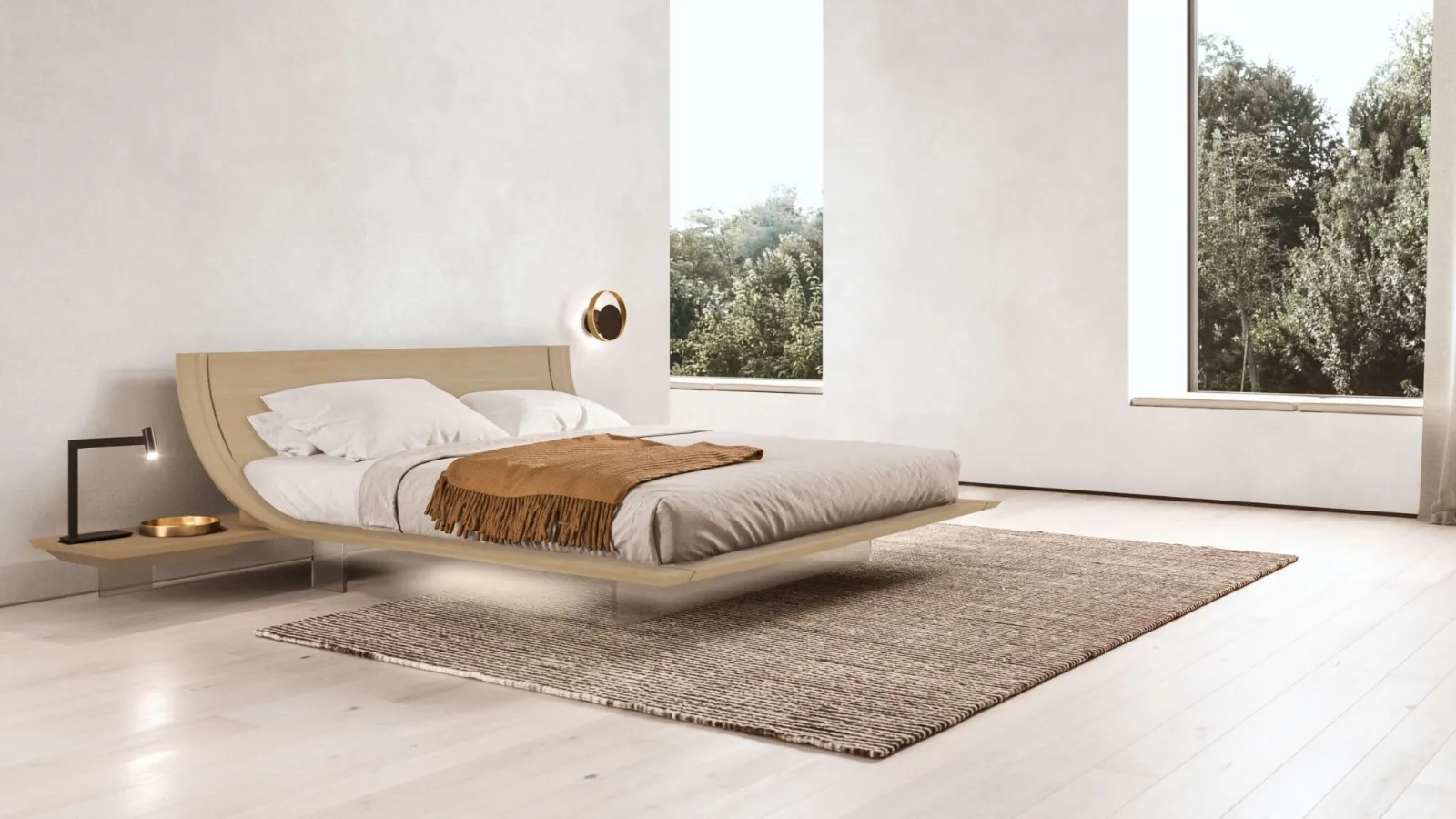 Letto di design Aqua in essenza rovere seppia con testiera di Presotto