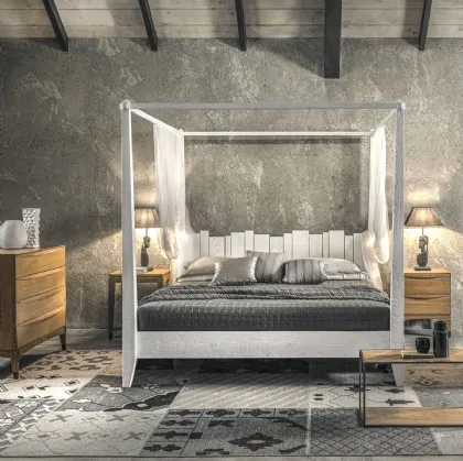 Letto a baldacchino con testiera Santorini realizzato in legno massello di Conifera di Dialma Brown