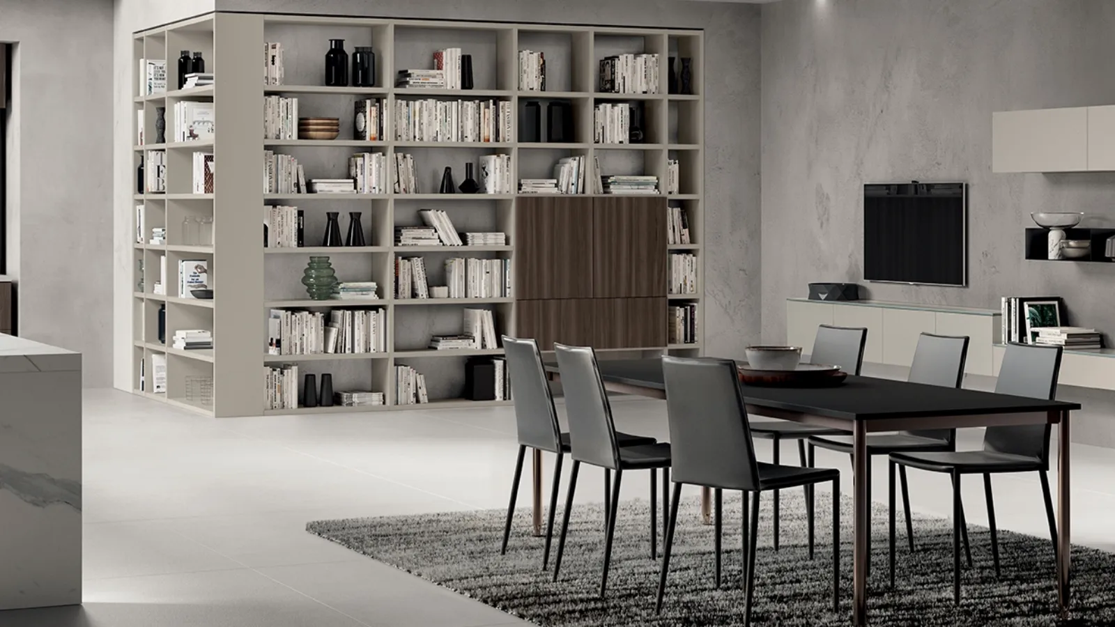 Libreria Living Mood sistema Fluida in laccato Tortora con ante in Noce Steady di Scavolini