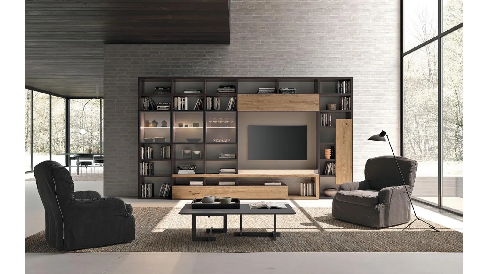 Libreria a muro Horizon 946 in legno, laccatoopaco e vetro di Mobilgam