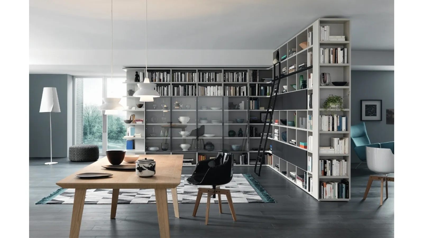 Libreria Modo Angolare Divisoria in laccato opaco e vetro di Sangiacomo
