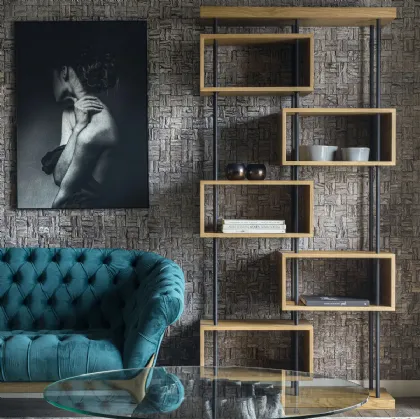 Libreria bifacciale Odette realizzata in legno stratificato di Rovere naturale con struttura in metallo color Grafite di Dialma Brown