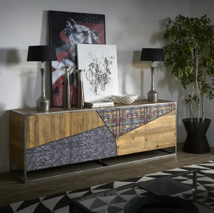 Madia Guinness realizzata in legno stratificato e legno massello di Conifera finitura Old Pine con struttura in acciaio Inox spazzolato di Dialma Brown