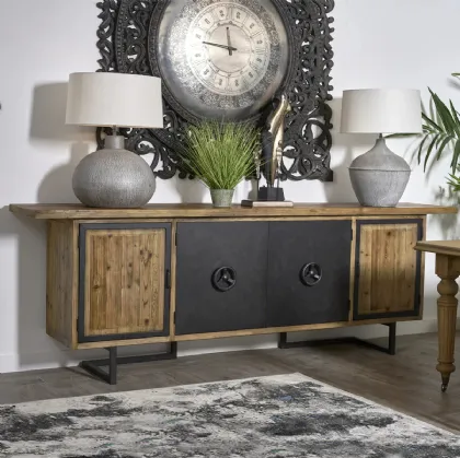 Madia Hamal realizzata in legno stratificato e legno massello con base e ante in metallo color Grafite di Old Pine di Dialma Brown