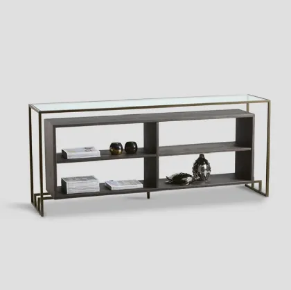 Mobile ingresso Consolle bifacciale Borealis con top in cristallo, realizzata in legno massello di Conifera colore Dark Grey e struttura in metallo di Dialma Brown