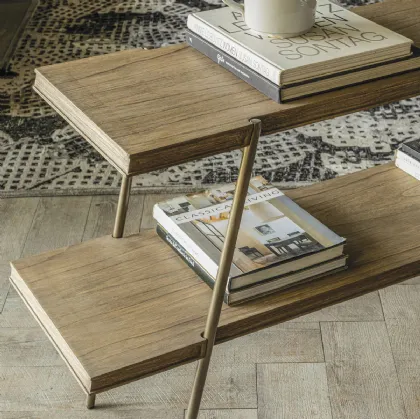 Mobile ingresso Consolle bifacciale con due ripiani realizzata in legno stratificato e legno massello di Mindi naturale con base in metallo Semarang di Dialma Brown