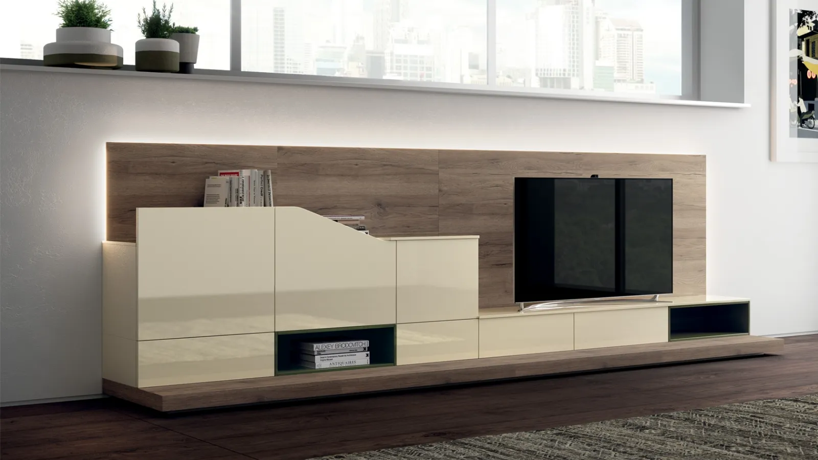 Parete Attrezzata Living Flux in Laccato lucido Beige di Scavolini