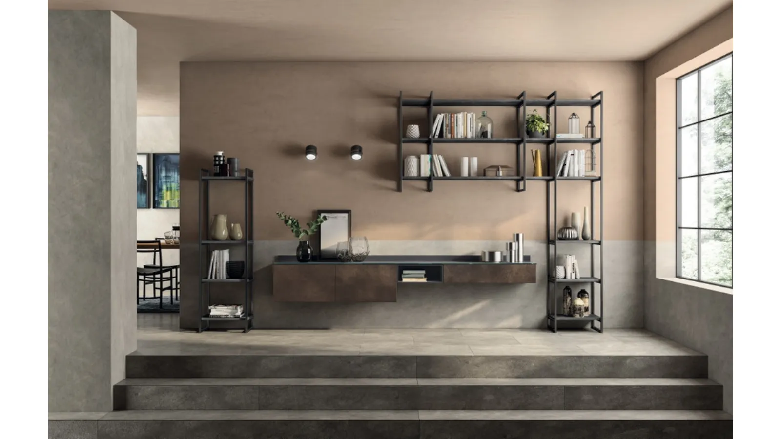 Parete Attrezzata sospesa Living Liberamente in decorativo Oxide Bronze di Scavolini