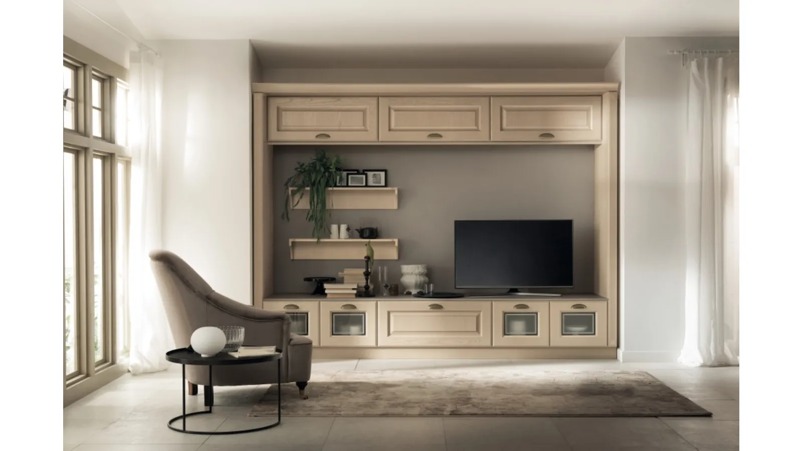 Parete Attrezzata Living Madeleine in Frassino Bianco Burro di Scavolini