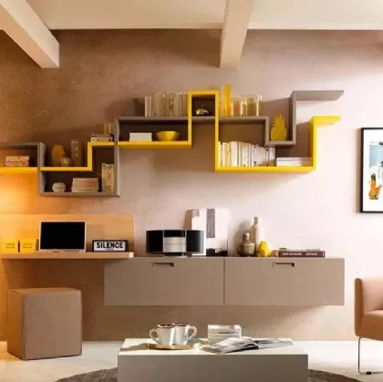 Parete con pensili sospesi, piano con pannello posteriore in olmo LV113 di Moretti Compact