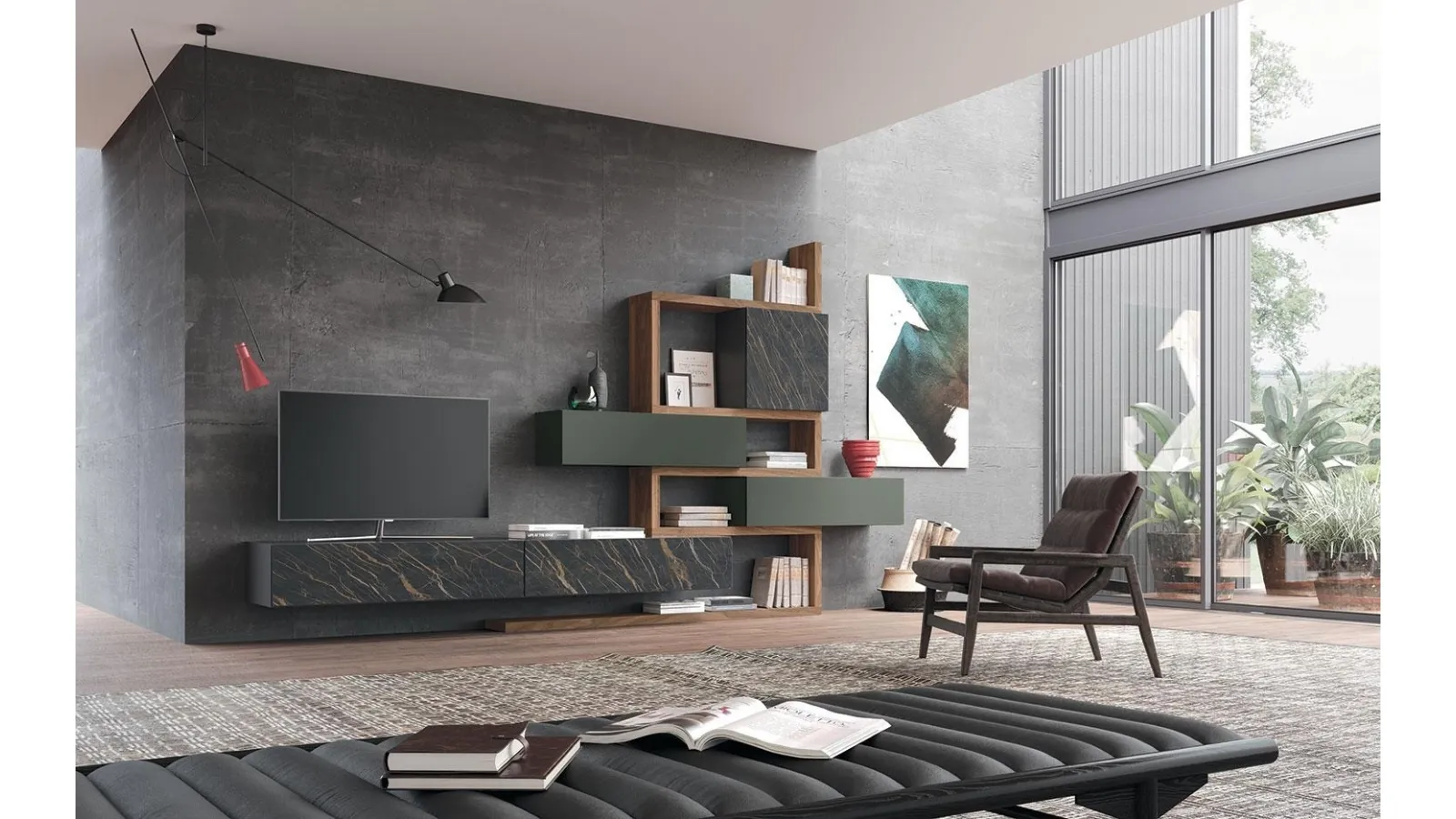 Parete Attrezzata Composizione Horizon 931 in laccato opaco, legno e laminato di Mobilgam