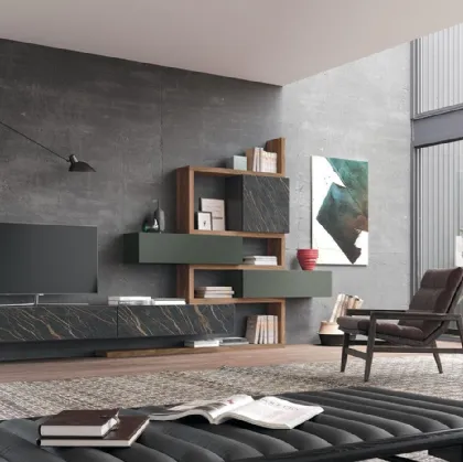 Parete Attrezzata Composizione Horizon 931 in laccato opaco, legno e laminato di Mobilgam
