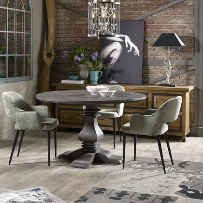 Tavolo tondo Amarilli realizzato in legno stratificato e legno massello di Conifera finitura Dark Grey di Dialma Brown