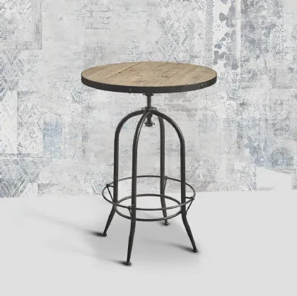 Tavolo snack tondo regolabile in altezza Barman con top in legno di Old Pine e base in metallo di Dialma Brown