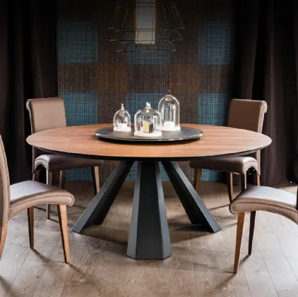 Tavolo in legno con vassoio centrotavola girevole e base in acciaio Eliot Round di Cattelan Italia