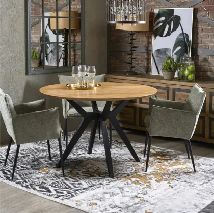 Tavolo tondo Furio realizzato in legno stratificato e legno massello di Rovere naturale con struttura in legno color Grafite di Dialma Brown