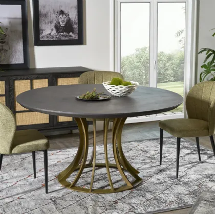 Tavolo tondo Keros con basamento in metallo finitura Antique Gold e top in legno stratificato di Conifera finitura Dark Grey di Dialma Brown