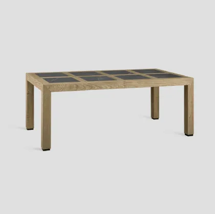 Tavolo rettangolare Plaza Stone realizzato in legno massello di Conifera finitura Old Pine con top con inserti in grès porcellanato finitura Pietra di Dialma Brown