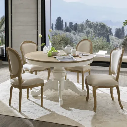 Tavolo tondo Romeo con basamento in legno massello laccato bianco e top in legno stratificato di Rovere naturale di Dialma Brown