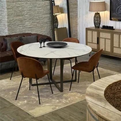 Tavolo tondo Sheeran con top in Gres porcellanato finitura White Stone e base in metallo finitura Grafite con inserto in Rovere naturale di Dialma Brown