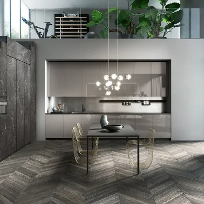 Cucina Design lineare in vetro lucido grigio londra con top in acciaio inox vintage Ak 04 05 di Arrital