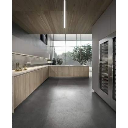 Cucina Design angolare in impiallacciato olmo con top in gres diamond cream Ak 05 TailorMade 03 di Arrital