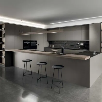 Cucina Design in melaminico termostrutturato sabbiato e top in laminato HPL Cesar brown stone con isola Ak Project 03 di Arrital