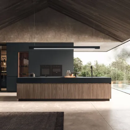 Cucina Design lineare in melaminico termostrutturato sabbiato Noce e top in Fenix nero Ak Project 05 di Arrital