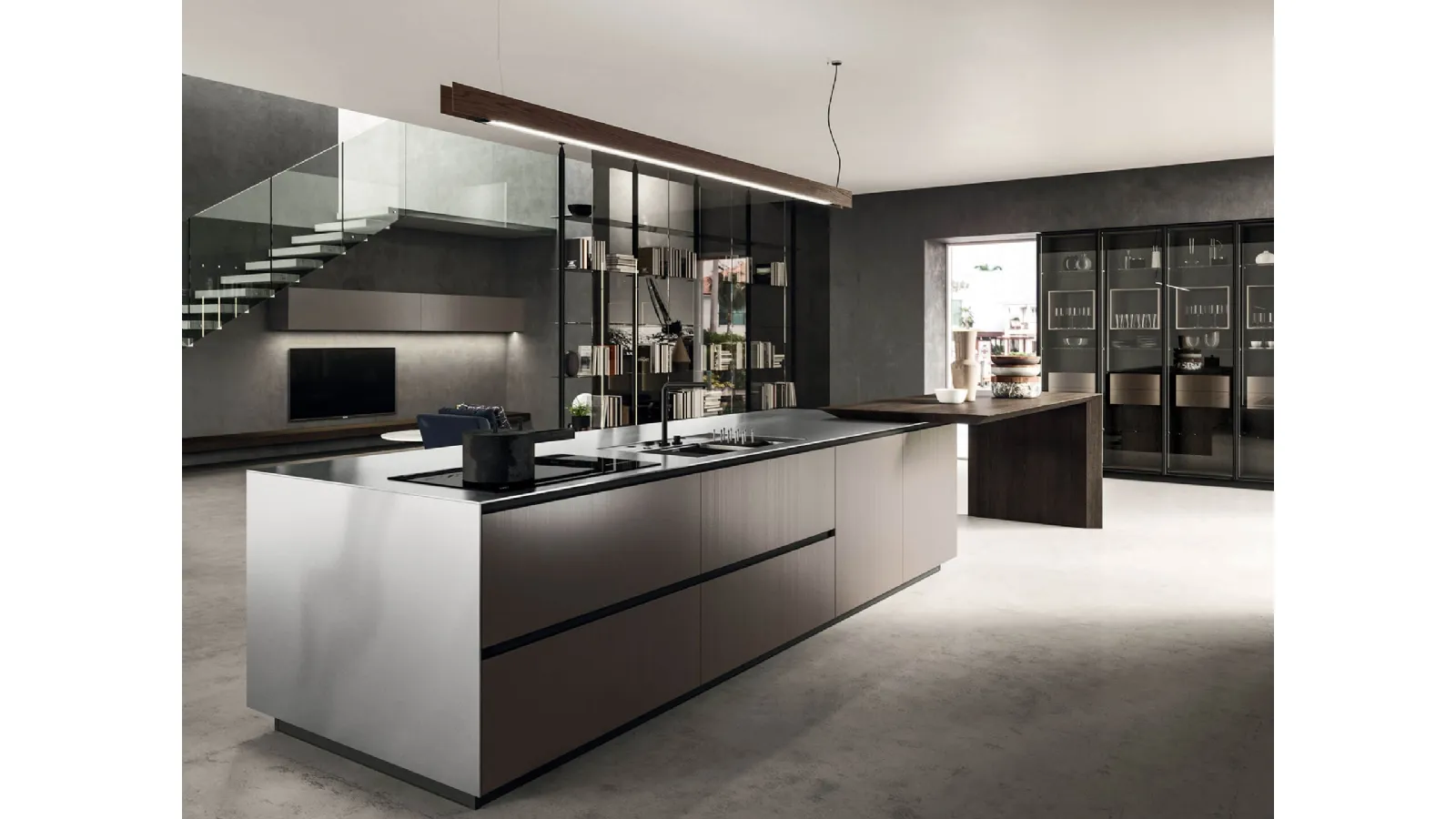 Cucina Design lineare in laccato metal brown e rovere spazzolato con top in acciaio inox satinato Ak Project 06 di Arrital