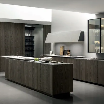 Cucina Design con isola Float finitura Rovere Carbone con top in Pietra Piasentina Fiammata di Modulnova