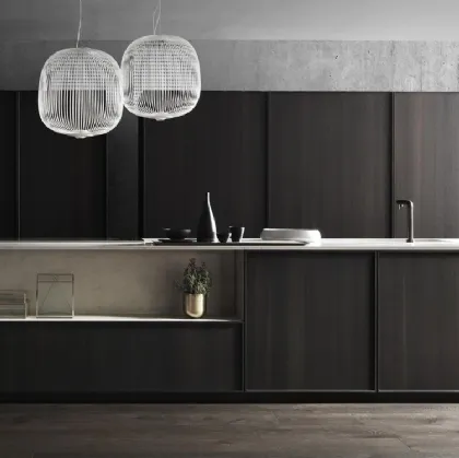 Cucina Design con isola Frame finitura impiallacciato Eucalipto Raw con top in Gres di Modulnova