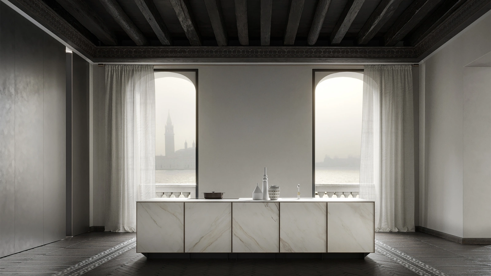 Cucina Design a isola in marmo con profili in noce Frame Lab di Modulnova