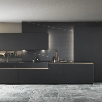 Cucina Design lineare Skill in laccato super matt Black Grey con top in Gres Sahara Noir Azalai di Modulnova
