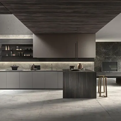 Cucina Design Twenty in laccato Cendre satinato e Leaf Metal Dark Brown con penisola finitura milltech Eucalipto e top in Gres City Stone Brown di Modulnova