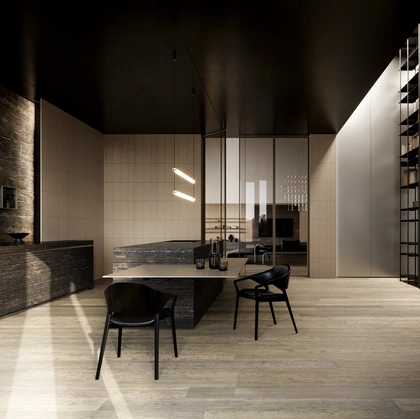 Cucina Design con isola Twenty Lab in Travertino Titanium di Modulnova