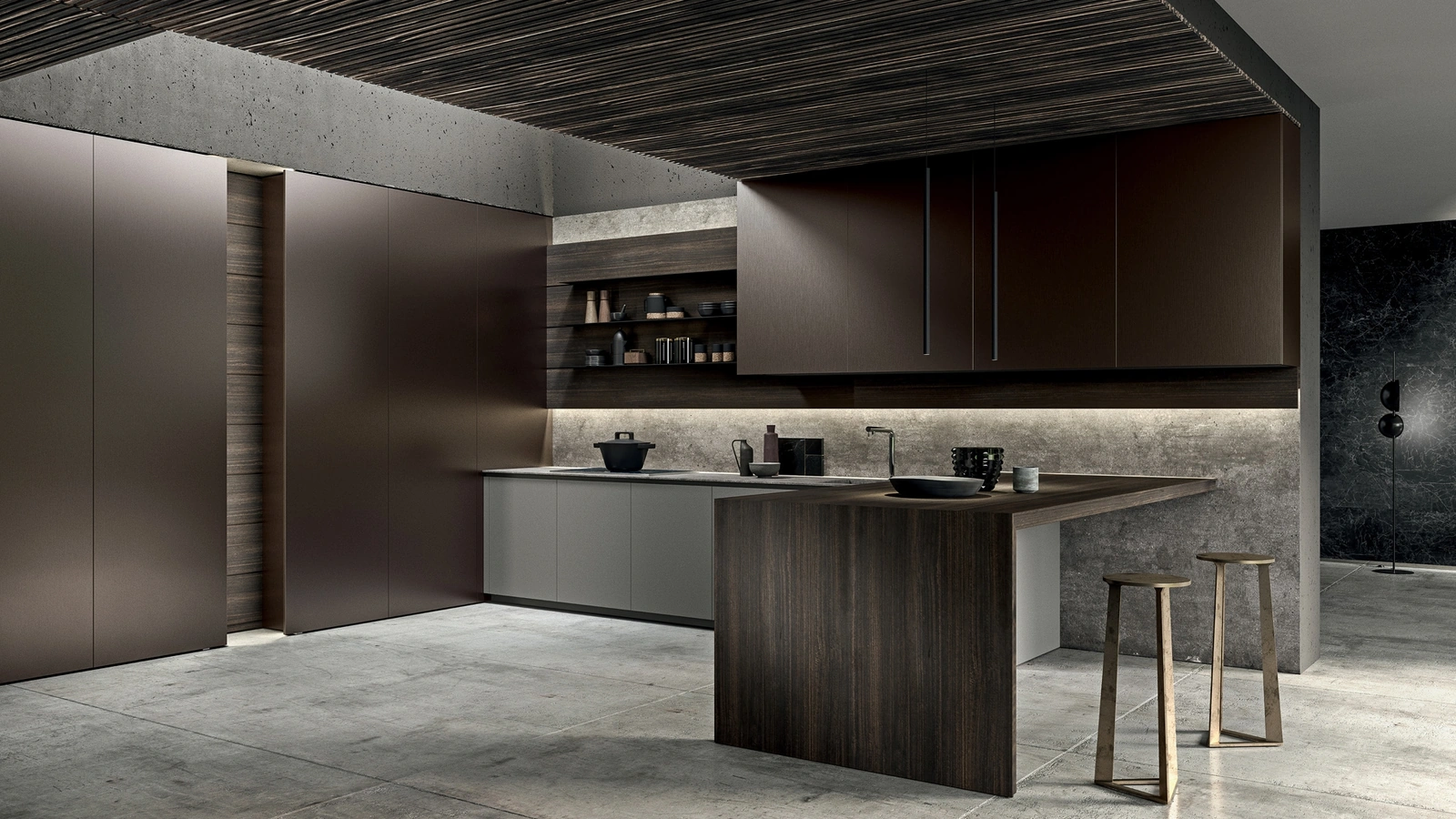 Cucina Design con penisola Twenty in laccato e Eucalipto di Modulnova