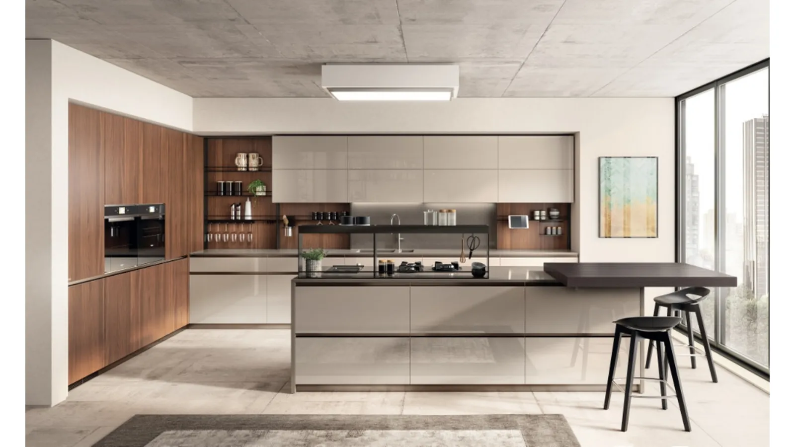 Cucina Moderna Boxi in laccato lucido Visone e Noce Sunset di Scavolini