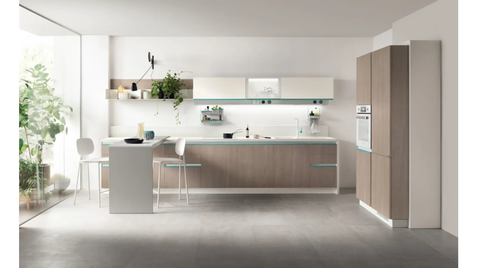 Cucina Moderna Dandy Plus Rovere Gessato e maniglia Blu Agave di Scavolini