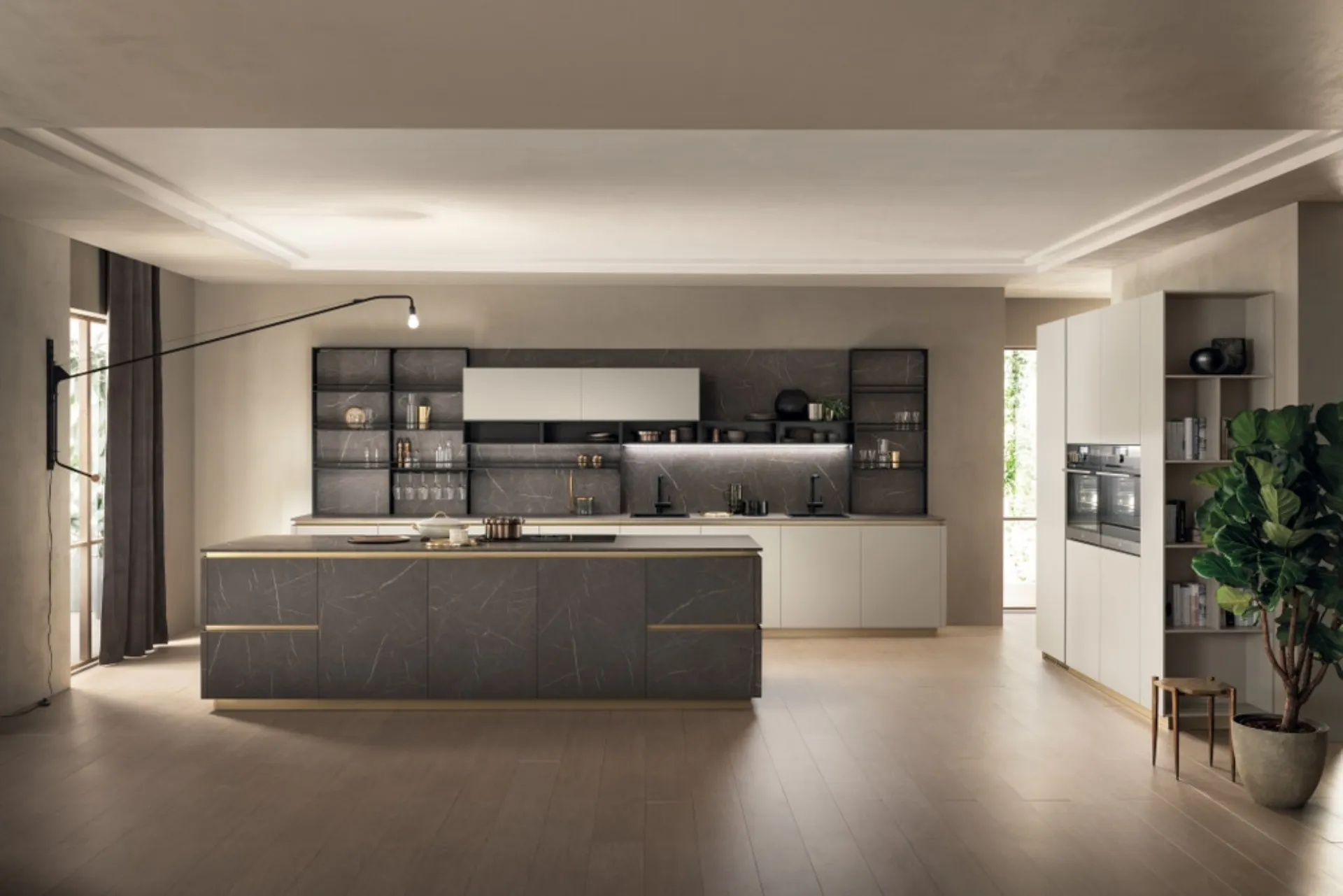 Cucina moderna grigio Scavolini con penisola Mia scontata