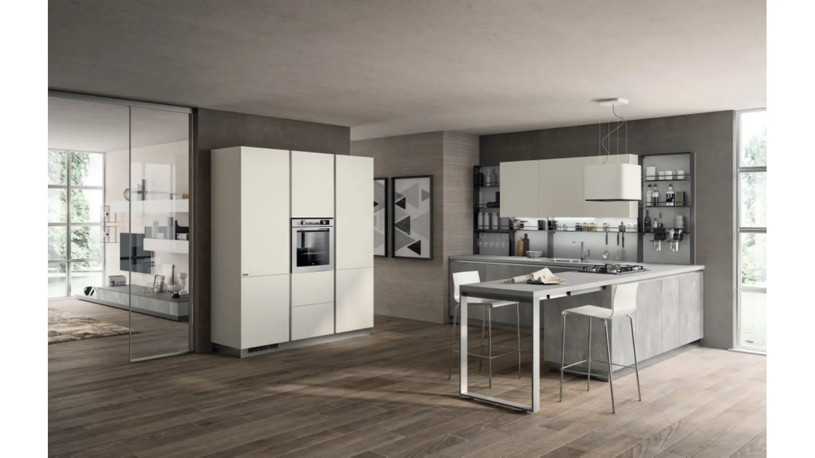 Cucina Moderna Evolution in Concrete Medium e Bianco opaco di Scavolini