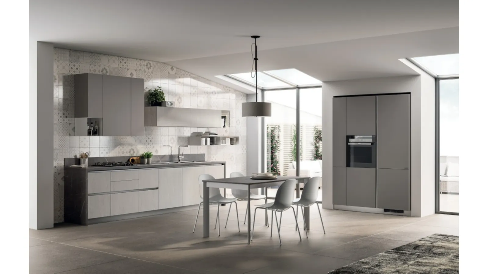 Cucina Moderna lineare Evolution in decorativo Frassino Elegance e laminato Pietra Grey di Scavolini